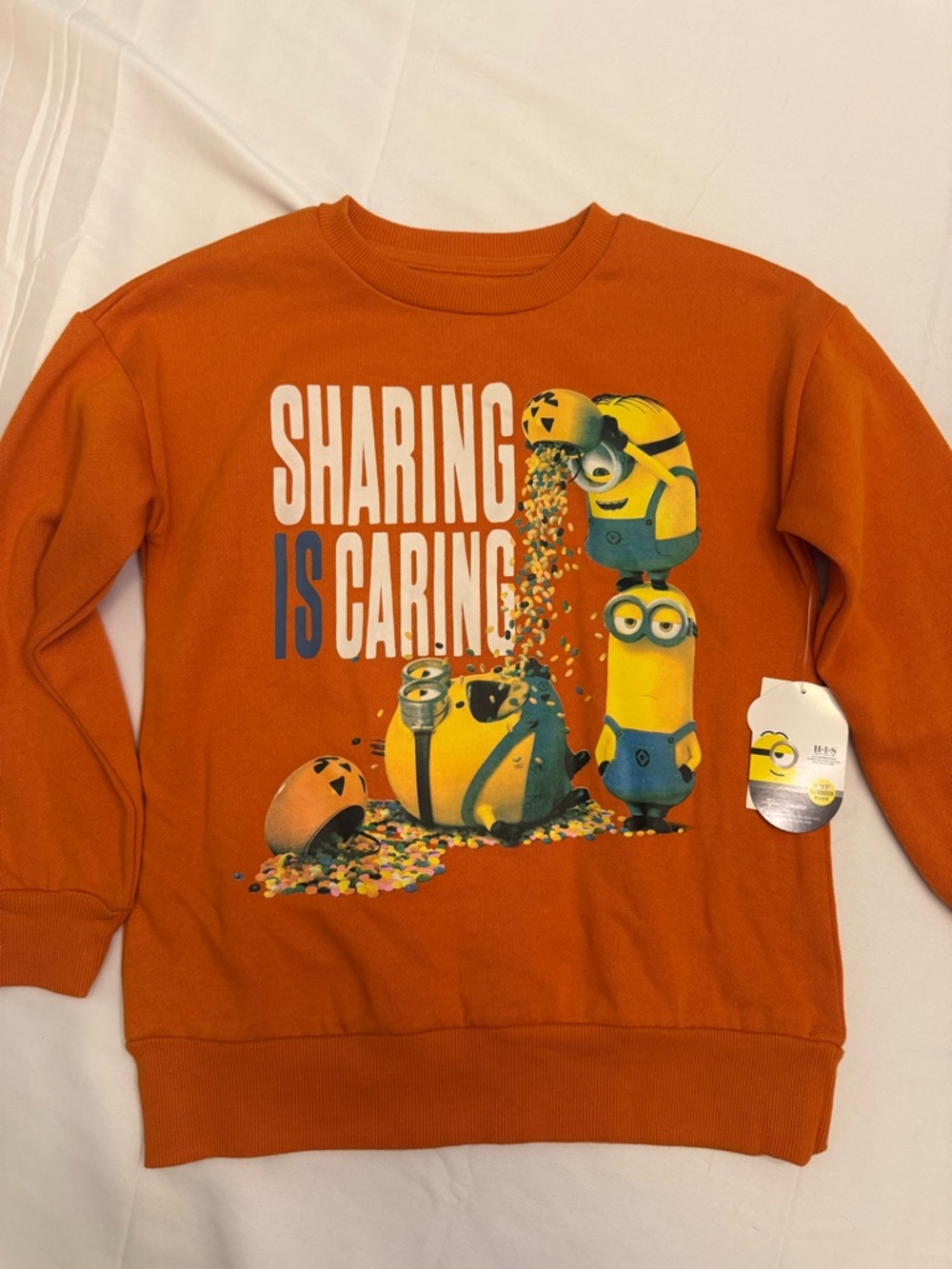 Kids Orange Minions 'Sharing Is Caring' Crewneck Sweatshirt